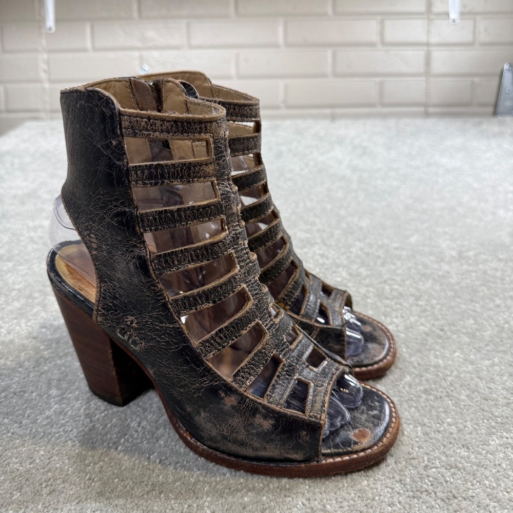 BED STU Occam Gladiator Distressed Leather Cage Peep Toe Heels Sz 6 Bench Made